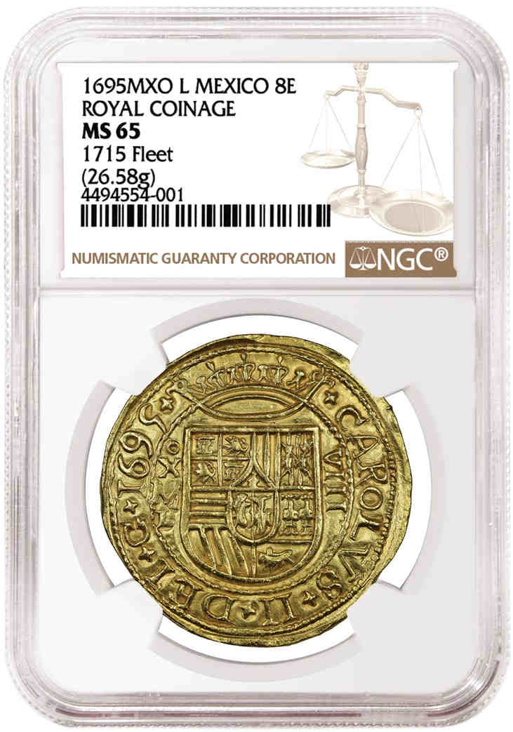 1695年皇室8埃斯库多，评级为NC MS 65，系谱为1715年船队