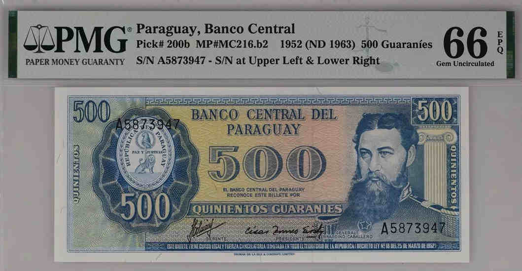 巴拉圭1952年版（无年号，1963年）500瓜拉尼，评级为66 Gem Uncirculated EPQ