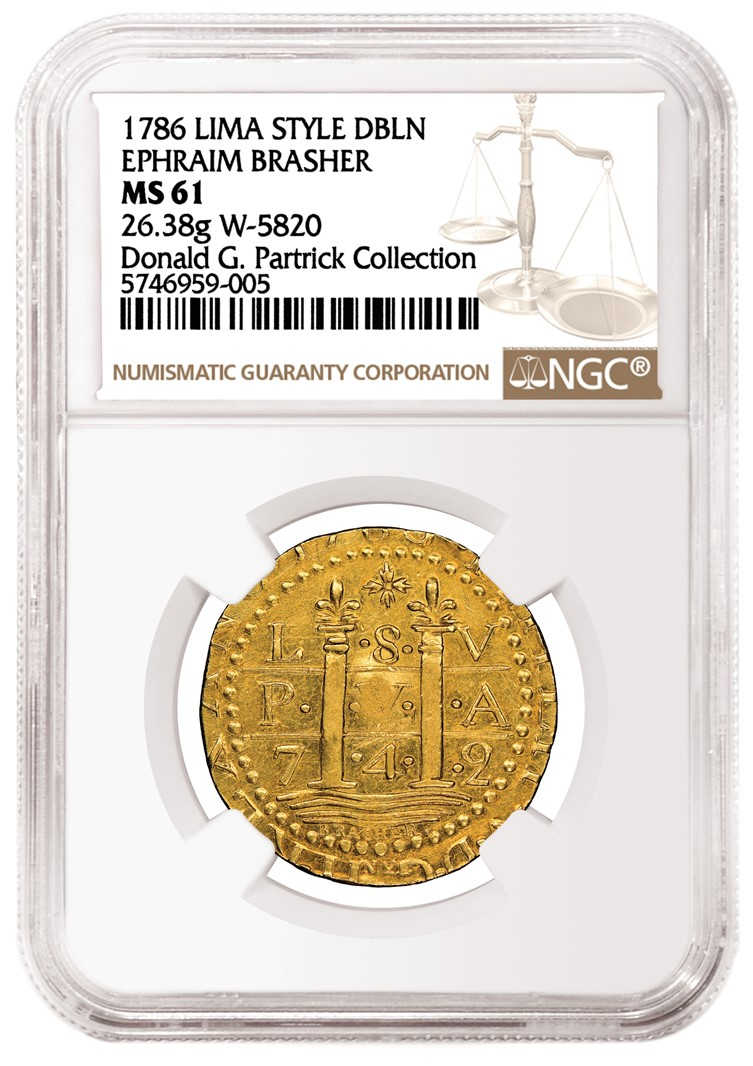1786年利马风格布拉瑟达布伦金币，评级等级为NGC MS 61，系谱为帕特里克收藏