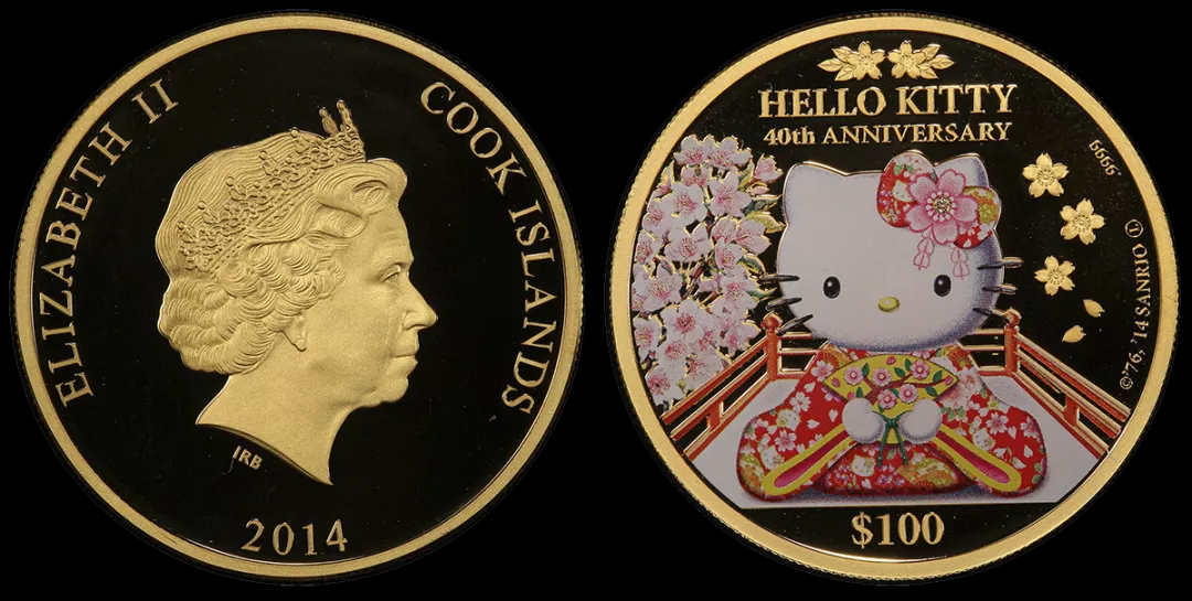 库克群岛2014年100元Hello Kitty诞生40周年纪念币 PCGS PR69DCAM