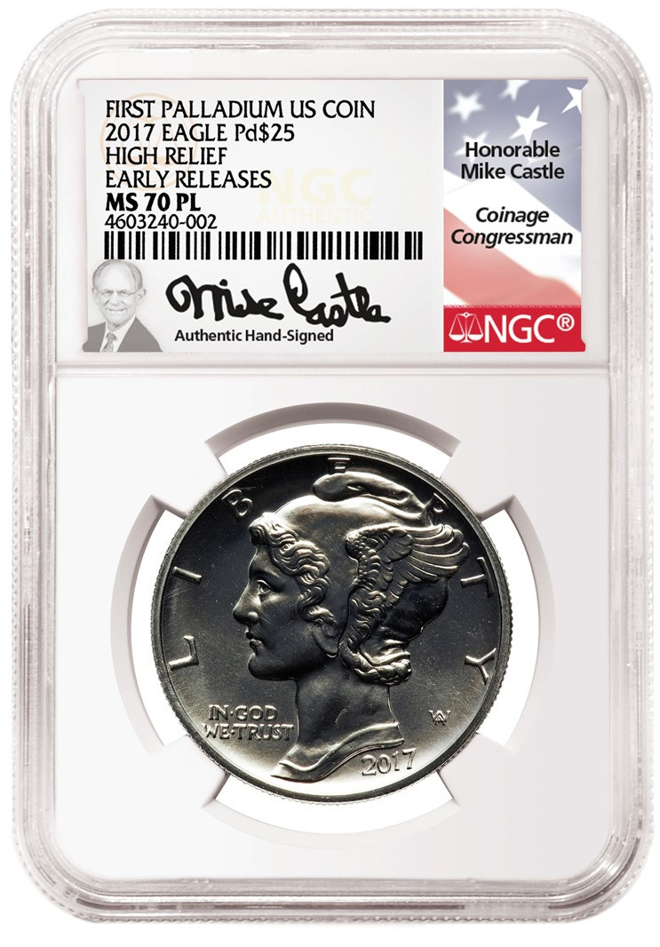 硬币名称：2017年W厂25美元鹰洋钯金币 评级等级：NGC MS 70 PL