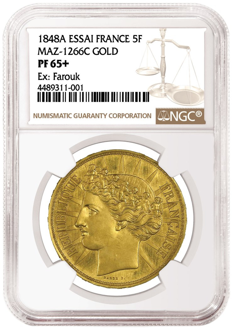 硬币名称：法国1848A 5法郎金质样币 评级等级：NGC PF 65+ 系谱：埃及法鲁克国王旧藏