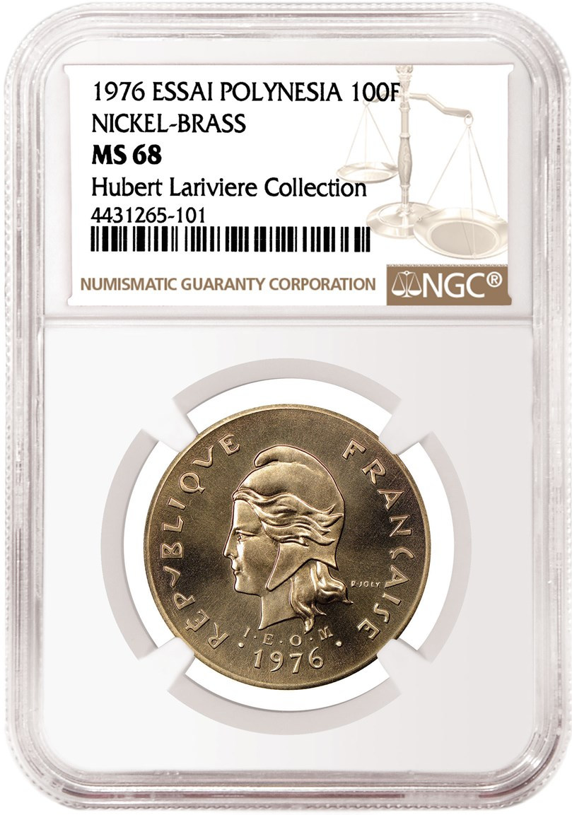 硬币名称：波利尼西亚1976年100法郎镍铜样币 评级等级：NGC MS 68 系谱：休伯特·拉里维耶尔收藏