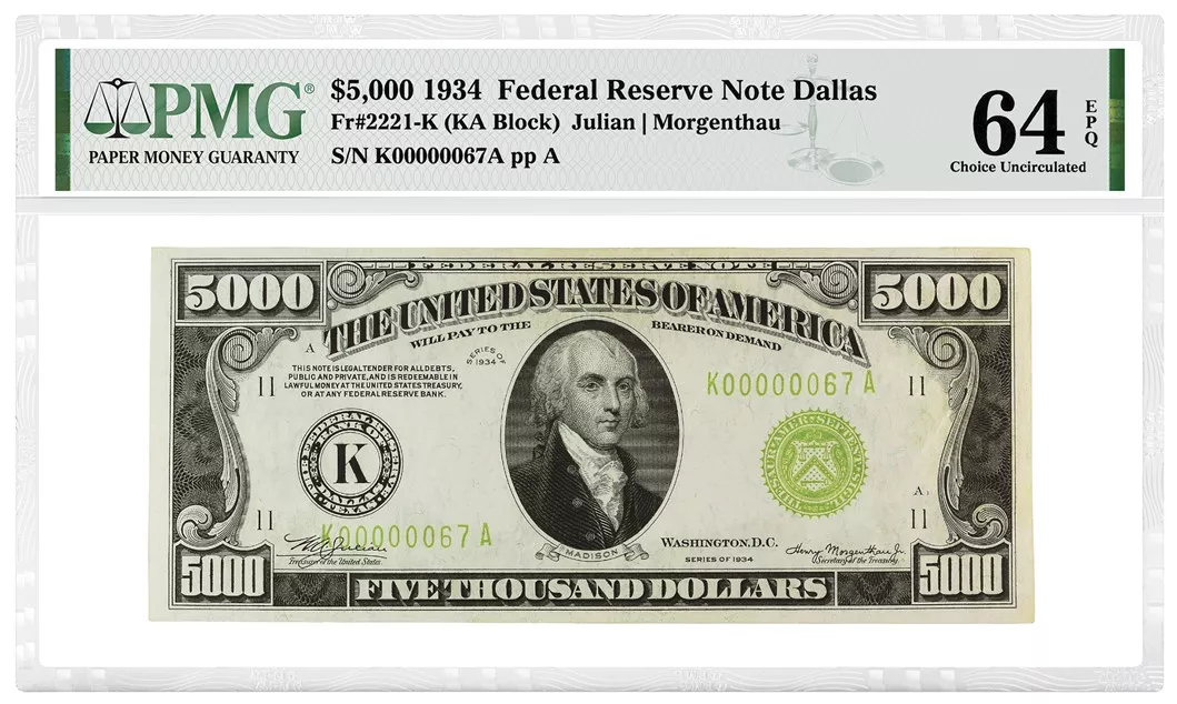 1934年5,000美元联邦储备券（达拉斯） 评级等级为PMG 64 Choice Uncirculated EPQ这张特殊的纸币来自BREA旧藏，为低序列号纸币