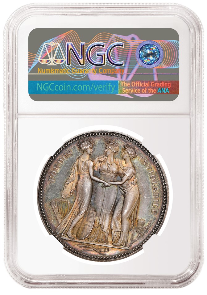 Great Britain 1817 Three Graces Silver Pattern Proof graded NGC PF 65 encapsulated with a special NGC label. This example of the famous coin is known for its depiction of Ireland, England and Scotland as female figures on the reverse