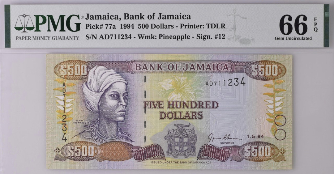牙买加 1994 500牙买加元（Jamaican dollar）纸钞 评级等级为 PMG66EPQ