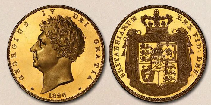 1826年，英国乔治四世机制币五金镑样币，版别：PCGS 388636，评价等级为 PCGS PR64DCAM