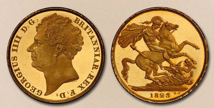 1823年，英国乔治四世机制币精制两金镑，版别：PCGS 526237，评级等级为 PCGS PR65DCAM
