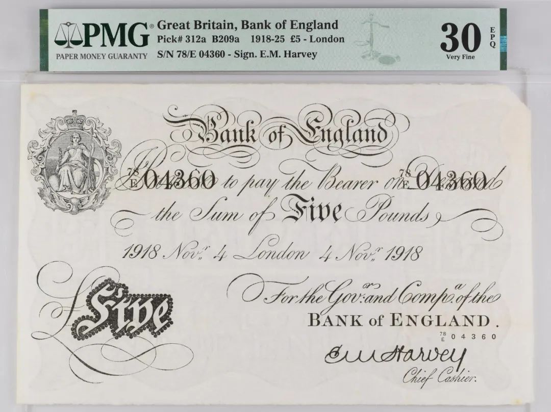 英国 1918-25 5英镑伦敦 签名 E.M.Harvey 纸钞 评级等级为 PMG30EPQ