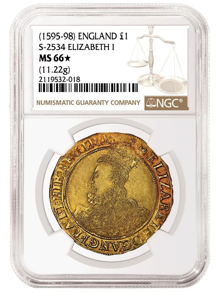 英国无年份（1595年-1598年）伊丽莎白一世侧面像1英镑金币，其评级等级为NGC MS 66★据NGC统计显示，这枚金币的评级等级高居榜首