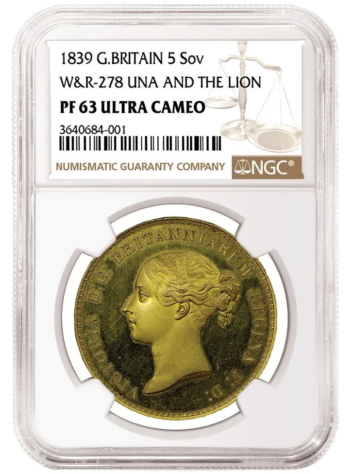 英国1839年“尤娜与狮子”5索维林金币，其评级等级为NGC PF 63 Ultra Cameo“尤娜与狮子”金币因其精美绝伦的币面设计以及巨大的收藏价值而被广泛视作英国钱币界的瑰宝。
