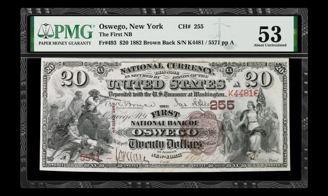 美国 Oswego New York The First NB 1882 Brown Back 20美元纸币 评级等级 PMG53