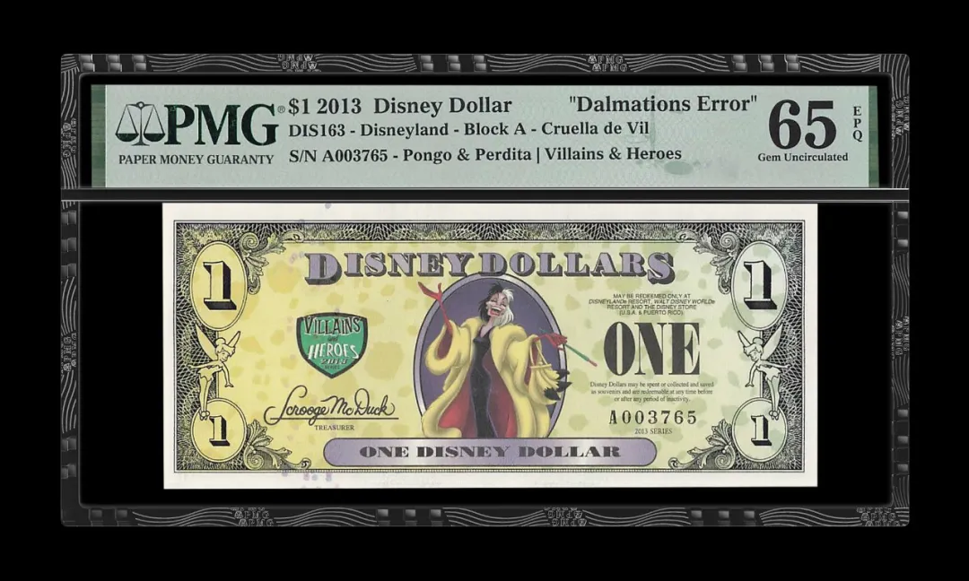美国 2013 迪士尼美元（Disney dollor）1美元纸币 dalmations error 评级等级 PMG65EPQ