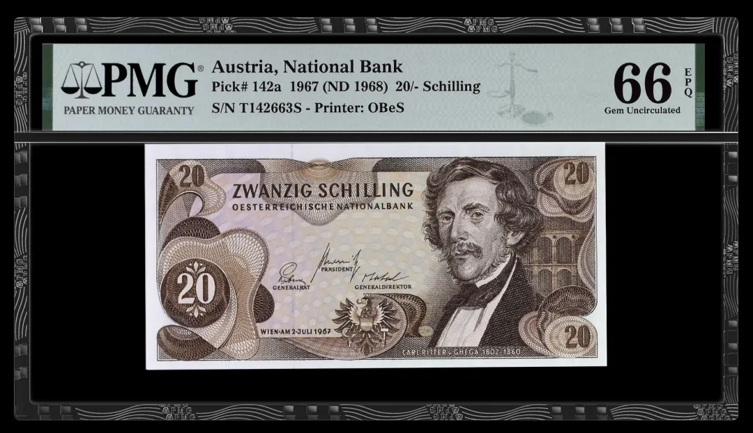 奥地利 1967nd1968 20奥地利先令(Schilling)纸币 评级等级 PMG66EPQ